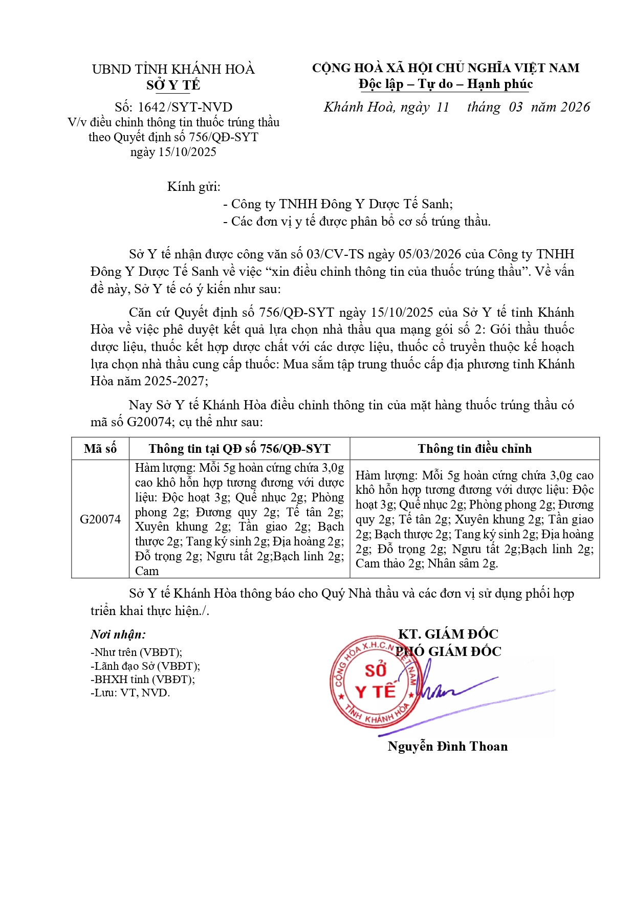 V/v điều chỉnh thông tin thuốc trúng thầu theo Quyết định số 756/QĐ-SYT ngày 15/10/2025